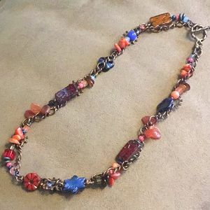 Czech red, orange, blue bead necklace 17”